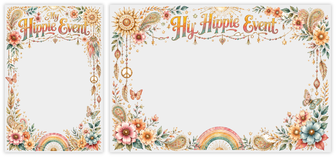 Examples of event filters created with AI: floral “Hippie Event” frames in portrait and landscape