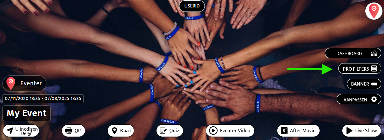 Knop Pro Filters rechtsboven in een Eventer-evenement